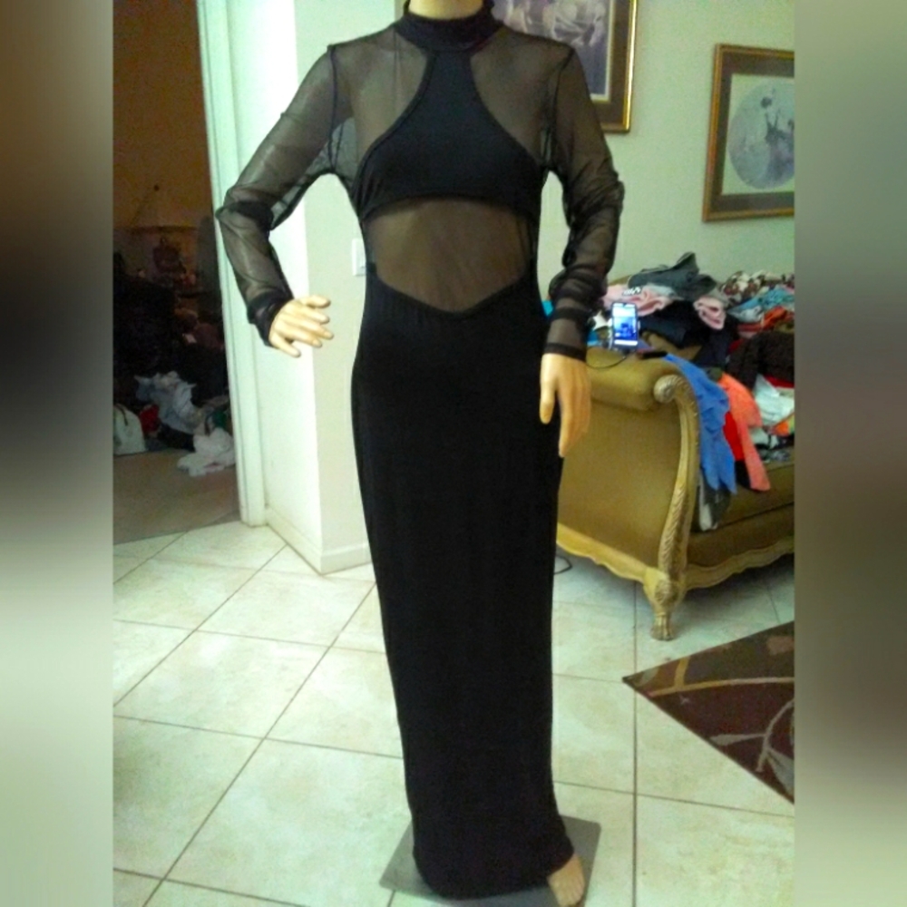 BNWOT Elegant Black Sheer Maxi Dress BY GOOD TIME USA SZ. SM SHEER BACK TOO
